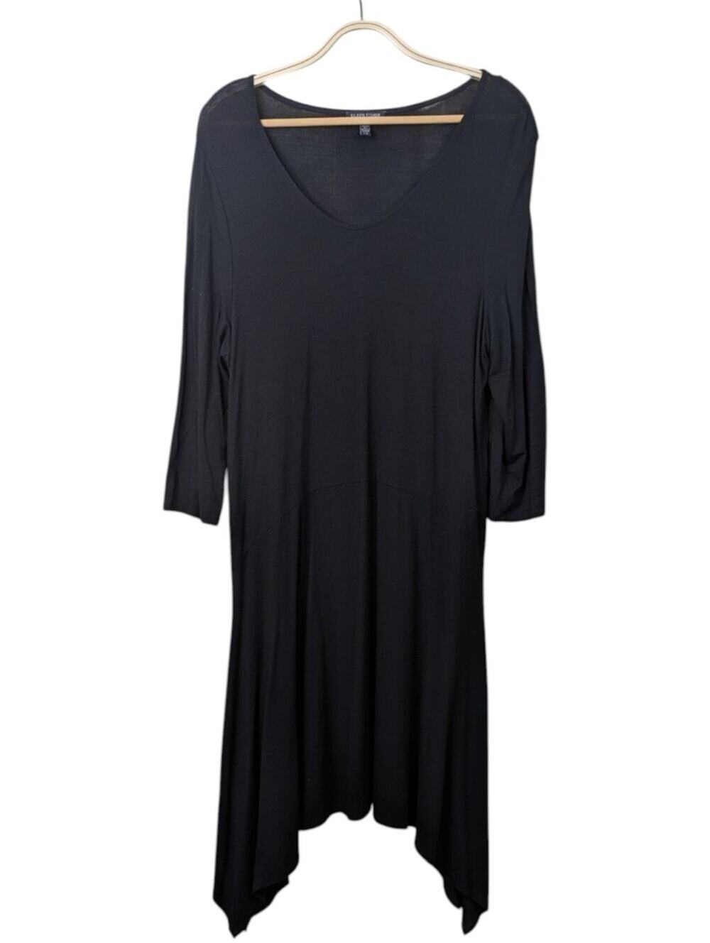 Eileen Fisher Asymmetrical Dress Large Black Stretch Jersey Knit Viscose Minimal